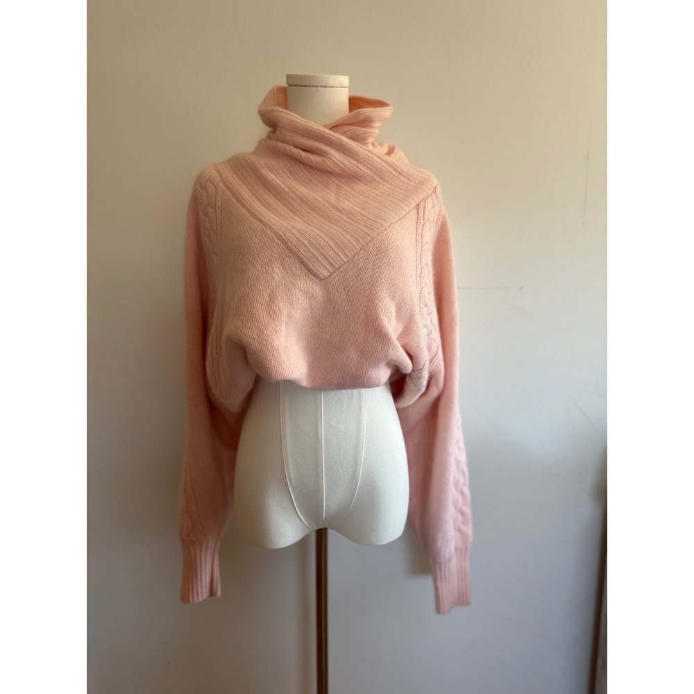 Vintage Blush Pink Angora Lambswool Cable Knit Cowl Neck Soft Sweater Large